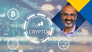 Crypto course thumbnail featuring a smiling presenter, Bitcoin symbols, and digital finance icons.