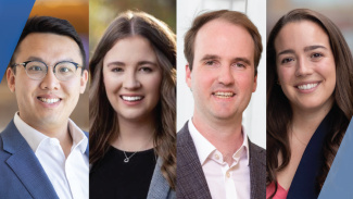 Headshots of four professionals against gray backgrounds.