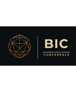 BIC Business Intelligence Conference logo with geometric gold sphere design.