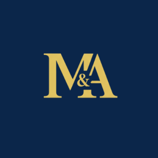 Yellow "M & A" text on a dark blue background.