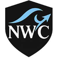 Logo of NWC, featuring a black shield with "NWC" in white, accompanied by a blue wave and upward arrow.