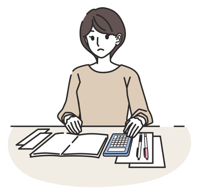 Financial hardship - young woman with financial items on table