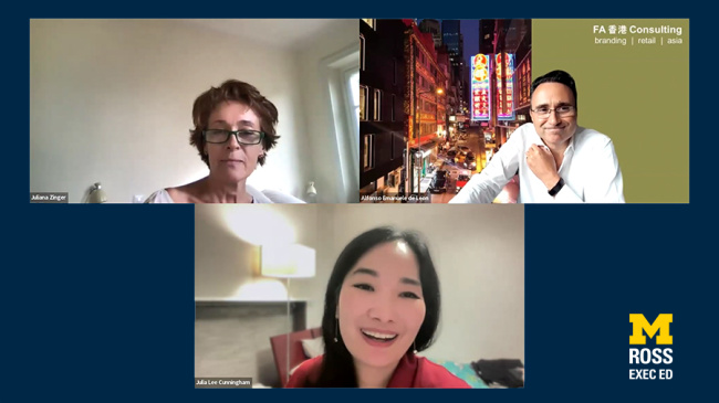 Julia Lee Cunningham speaking to panelists Juliana Zinger and Alfonso Emanuele de Leon over Zoom