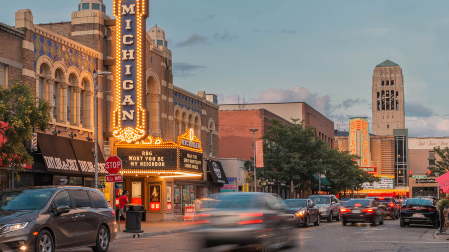 Ann Arbor street with Michigan Theatre in the background