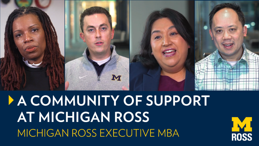 a community of support at Michigan Ross - 4 students talking in video