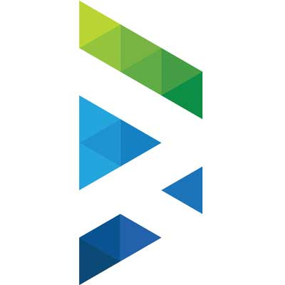 Stylized logo featuring stacked triangles in green and blue shades