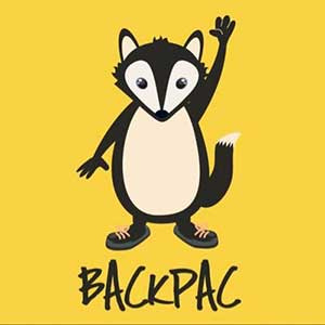 Cartoon raccoon waving, with a white belly, black paws, and wearing shoes, against a bright yellow background with "BACKPAC" text.