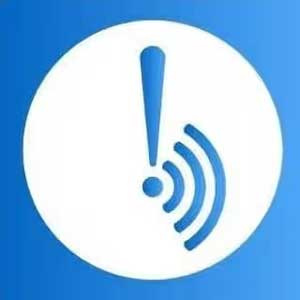 A blue and white icon featuring an exclamation mark above radiating sound waves, symbolizing alerts or notifications.