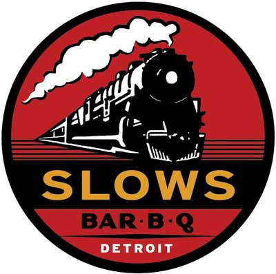 Logo of Slows Bar-B-Q featuring a steam locomotive in black on a red background, with "SLOWS" in bold gold lettering.
