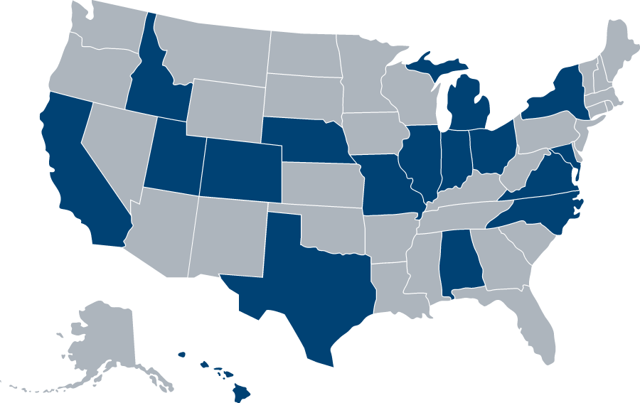 map of the U.S.A. with the following states highlighted: CA, CO, GA, HI, ID, IL, IN, MD, MI, MO, NC, NE, NY, OH, TX, UT, VA
