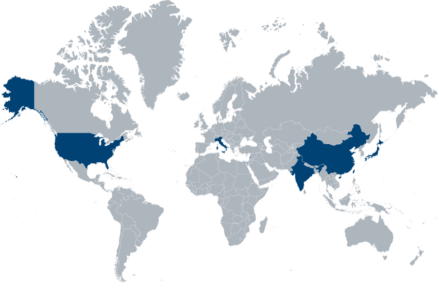map of the world with the following countries highlighted: China, India, Italy, Japan, Lebanon, Taiwan, U.S.A.