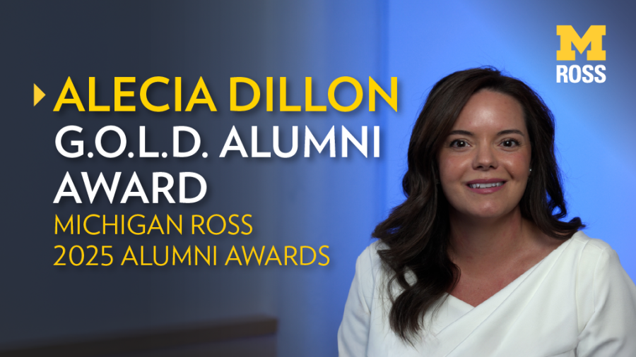"Alecia Dillon: G.O.L.D. Alumni Award, Michigan Ross 2025 Alumni Awards" over blue backdrop and a photo of Alecia