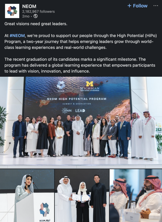 Screenshot of a LinkedIn post from NEOM celebrating the graduation of participants in the NEOM High Potential Program. The post text highlights leadership development and global learning in partnership with Michigan Ross. Images show a large, diverse group of graduates and leaders posing on stage in front of a “NEOM High Potential Program: Summit & Graduation” backdrop, along with smaller photos of participants giving speeches, receiving certificates, and engaging in discussion.