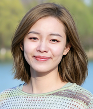Headshot of a person with shoulder-length brown hair smiling in front of a blurred outdoor background.