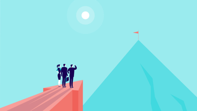 Illustration of business people looking toward a mountaintop
