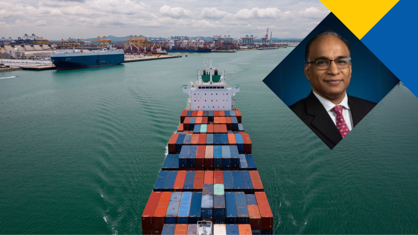 Professor Jagadeesh Sivadasan headshot with the image of an international vessel in the background.