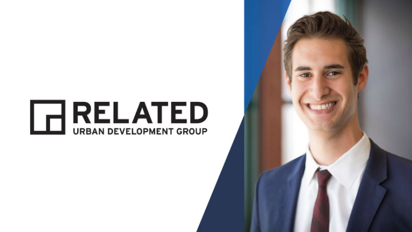 A headshot of Jordan alongside the logo for the company, he works for, Related Co.