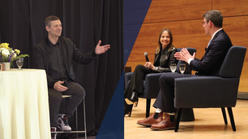 Two separate panel discussions show speakers engaging with each other on stage.
