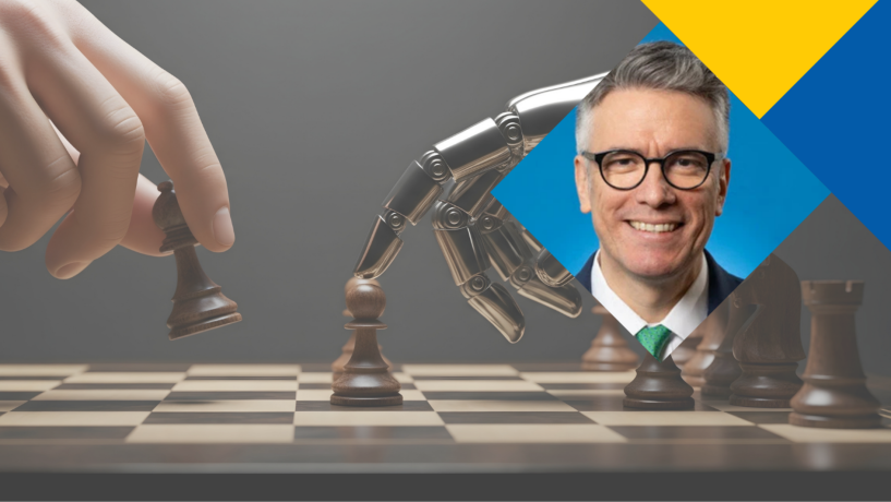 A hand moves a chess piece featuring a smiling man's face on a chessboard.