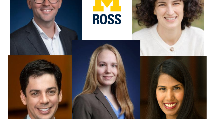 Collage of five professional headshots surrounding the University of Michigan Ross logo, announcing 2026 faculty promotions.