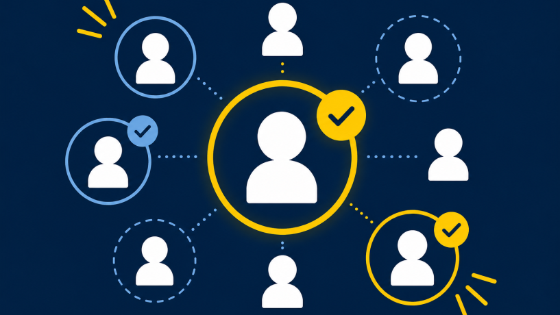 Illustration of decision-making roles shown as connected person icons on a dark blue background. A central figure is highlighted with a yellow circle and checkmark, while surrounding figures are connected with dotted lines and outlined in yellow or light blue, representing responsibility, accountability, and organizational decision rights.
