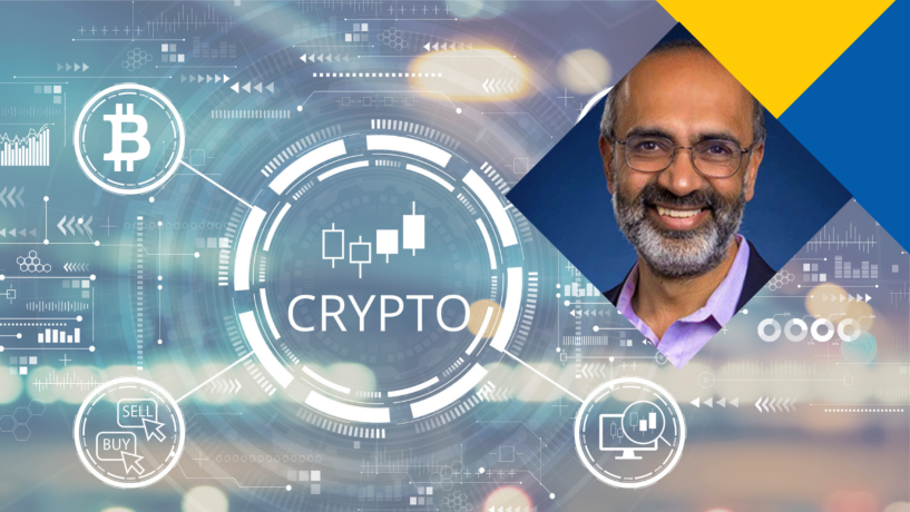 Crypto course thumbnail featuring a smiling presenter, Bitcoin symbols, and digital finance icons.