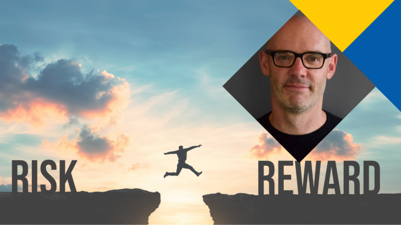 Person with glasses and beard beside an image of someone leaping across a gap between cliffs labeled "RISK" and "REWARD."