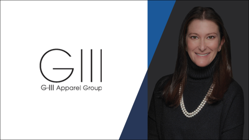 G-III Apparel Group logo next to a smiling person in a black top with a pearl necklace.