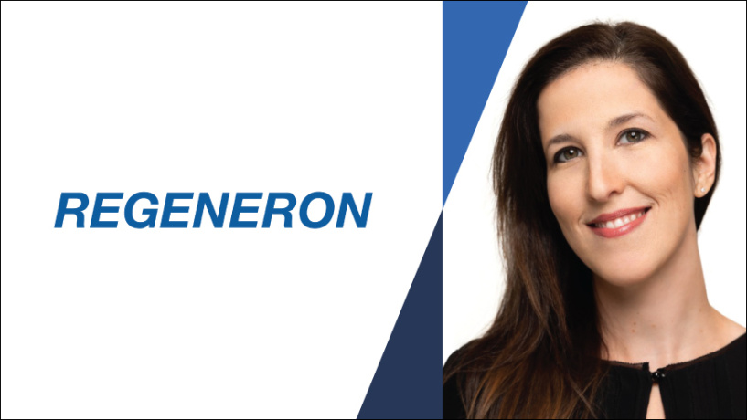 Regeneron logo next to a portrait of a smiling woman with long dark hair.