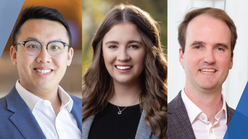 Headshots of three professionals in business attire against neutral backgrounds.