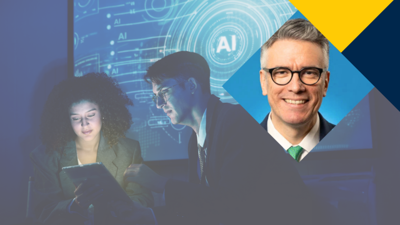 Headshot of Felipe Csaszar alongside people using devices with AI and digital graphics.