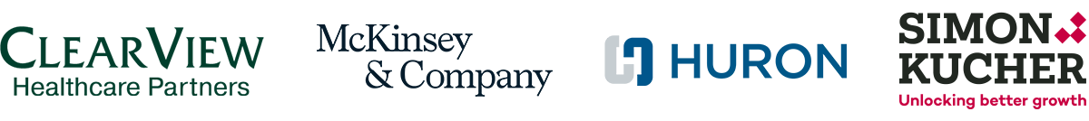 Logos for ClearView Healthcare Partners McKinsey & Company Simon-Kucher & Partners Huron Consulting Group