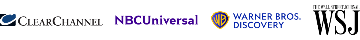 logos for clear channel, nbc universal, warner bros, wsj