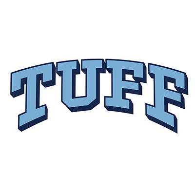 Blue, bold letters spelling "TUFF" in an arch shape, featuring a sporty design suited for a school or athletic team logo.
