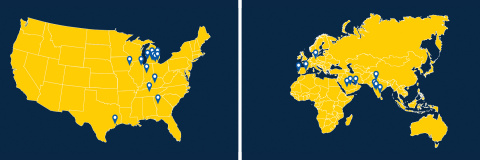 Maps of USA and Europe, India, and Asia showing pin point locations of exec ed deliverables