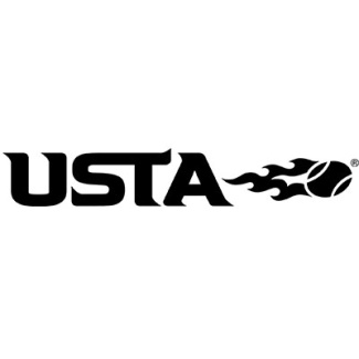 USTA logo featuring bold black letters with a flaming tennis ball graphic, representing the United States Tennis Association.