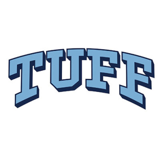 Blue, bold letters spelling "TUFF" in an arch shape, featuring a sporty design suited for a school or athletic team logo.