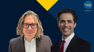 Two Ross professors, Ari Shwayder and Scott Rick on a blue background