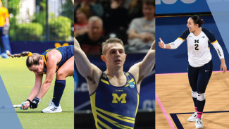 A collage of three athletes playing their sports, field hockey, gymnastics, and volleyball