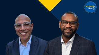 Professors Nigel Melville and Yousif Hassan share their insights on AI. This image is their professional headshots in front of a designed banner with the Business and Society logo
