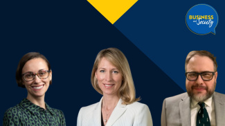 Three Michigan professors and experts in the changing media landscape against the Business and Society logo