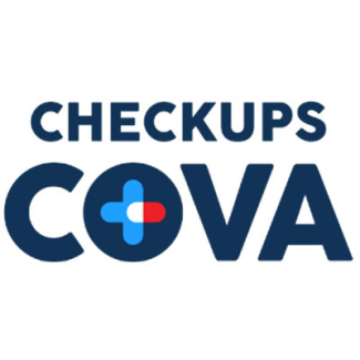 "checkups cova" with pill plus sign in "o"