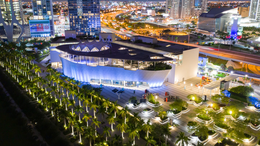 Miami Frost Museum at night from above